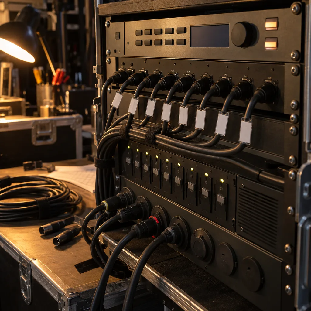 A compact DMX control rack prepared for venue installation