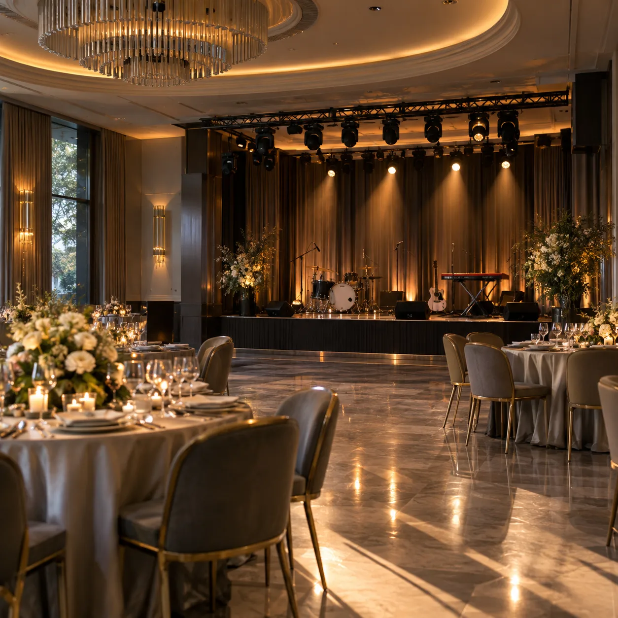 A refined lighting installation across a hotel ballroom and compact stage