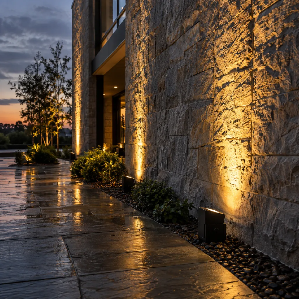 Exterior commercial lighting grazing a facade at dusk